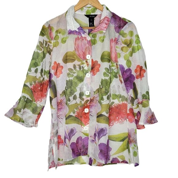 Ali Miles Small White / Floral Sheer Long Sleeve Button Down Tunic Top Women's S - Picture 1 of 5